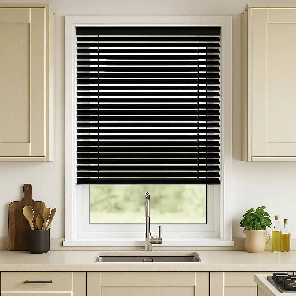 Pitch Black Metal Venetian Venetian Blinds fitted in a British home